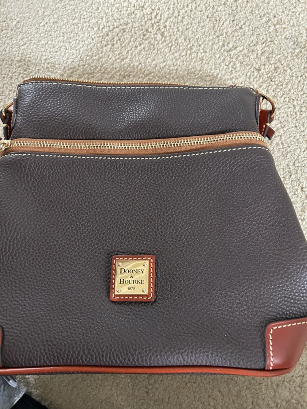 Dooney & Bourke Dark Brown Pebbled Leather Crossbody Messenger with Tan Trim - Picture 7 of 9